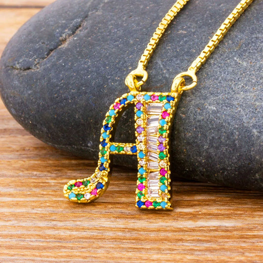 AIBEF Hot Sale Rainbow Zircon Pendant Necklaces Initial 26 Letters Charm Color Name Necklace Copper CZ Statement Fashion Jewelry