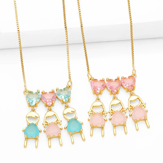 FLOLA Candy Color Heart Boys and Girls Necklaces for Mom Kids Copper Gold Plated Box Chain Figure Necklaces CZ Jewelry nker02
